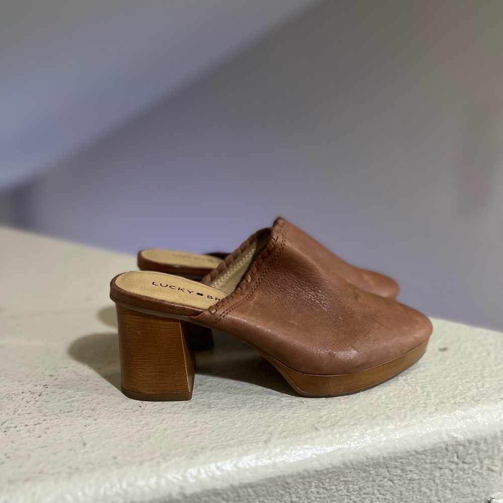 Lucky Brand Randre Women’s Clog Mules Brown Leather Slip On Shoes Block Sz 6.5